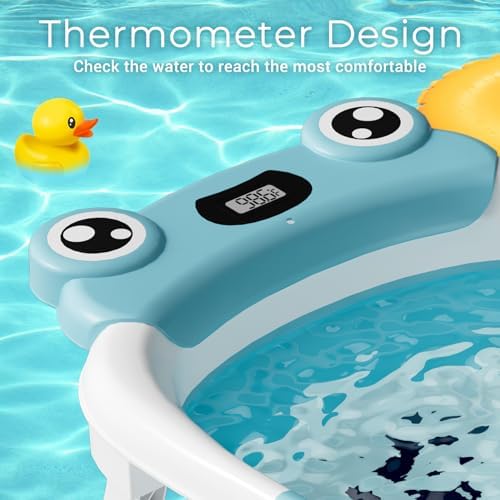 BUNWAG Baby Bathtub, Collapsible Newborn Bathtub for Infant to Toddler with Soft Cushion and Thermometer,Portable Travel Newborn Tub with No-Slip Feet, Baby Shower Gifts, 0-12 Months Baby Bath, Blue - Image 4