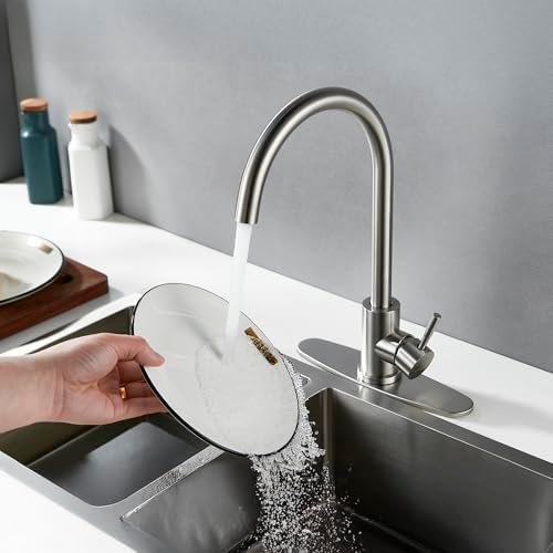 Single Handle High Arc Brushed Nickel Kitchen Faucet Stainless Steel Commercial Single Hole Kitchen Sink Faucet, Modern One Hole Bar Sink Faucet with Deck Plate - Image 2