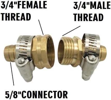 Garden Hose Adapter Swivel Fitting, 5/8" Barb x 3/4" GHT Connector,Heavy Duty Brass Hose Connectors with Stainless Clamps for Watering System Outdoor Faucet (Male+Female) - Image 2