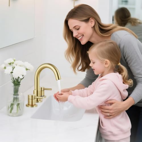 Bathroom Faucet 3 Hole Brushed Gold, 2-Handle Widespread Faucet - Image 2