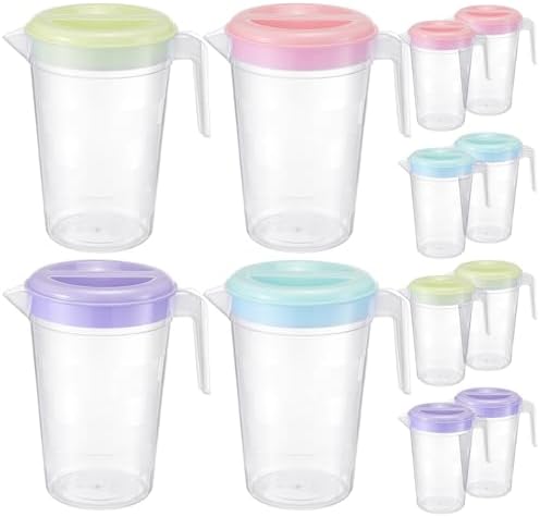 8 Pcs Plastic Pitcher with Lid & Handle, 2Qt Clear Water Pitcher Set, Round Beverage Pitchers with Easy Pour Spout for Water, Iced Tea, Party, Picnic, Camping and Home (4 Colors) by Rainmae