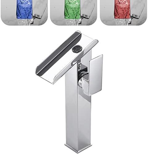 Chrome Bathroom Faucet LED 3 Color Changing Light Waterfall Vessel Sink Faucets Single Handle One Hole Bowl Sink Faucet Vanity Lavatory Deck Mount Bath Mixer Tap Tall Body Modern with Supply Lines by Chiczam