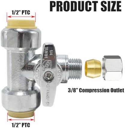 TTFLEX 1/2" Push x 1/2" Push x 3/8" Comp Tee Valve, Shut Off Valve 1/4 Turn - Image 2
