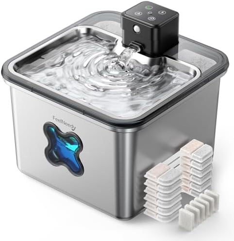 Cat Water Fountain Wireless + 6 Filters: [Visual Filter] & [Heavy-Duty Stainless Steel] FEELNEEDY- Premium, 3.2L/108oz, 4000mAh Battery Operated Pet Fountain with Sensor, for Cats and Dogs by FEELNEEDY