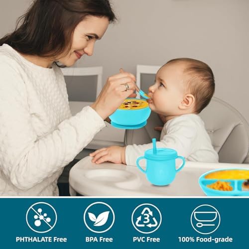 100% Silicone baby feeding set,BPA free Baby dishes set with Suction Bowl Divided Plate,Toddler Self Feeding Dish Set with Spoons Forks Sippy Cup And Bib, Baby Eating Utensils (Cyan Blue) - Image 6