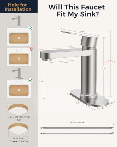 FORIOUS Bathroom Faucet 1 Hole, Single Handle Vanity Faucet Brushed Nickel - Image 2