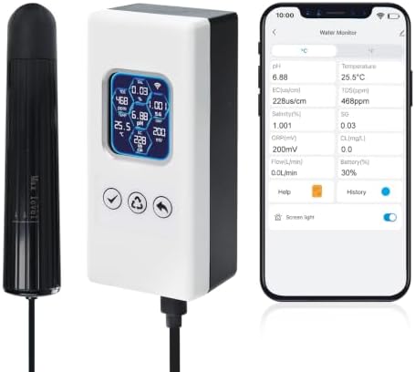 7 in 1 Smart Water Quality Tester, Wireless WiFi Water Monitor Measures pH/ORP/TDS/EC/Salinity/SG/TEMP, Water Quality Meter with App Connection Real-Time Alerts for Aquarium, Saltwater Fish Tank, etc. by DANOPLUS