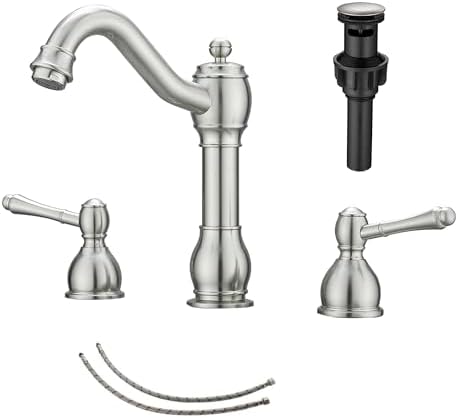 2 Handles 3 Holes Faucet Widespread Bathroom Sink Faucet Basin Tap Mixer Supply Hose Included Matching Pop Up Drain Brushed Nickel by GGStudy