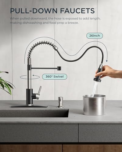 FORIOUS Kitchen Faucets, Pull Down Sprayer, Classic High Arc, Black Brushed - Image 2