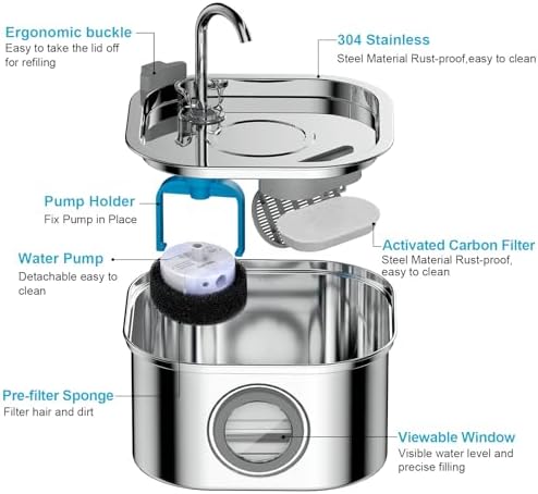 Cat Water Fountain Stainless Steel,108oz/3.2L Automatic Pet Water Fountain,Cat Fountain with Water Level Window,Water Fountains for Cats Indoor with 4 Replacement Filters and 4 Sponges - Image 3