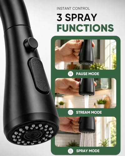 Kitchen Faucet with Pull Down Sprayer and Soap Dispenser, Black 304 Stainless Steel Single Handle with 3 Spray Modes, 18-Inch Hose, 10-Inch Deck Plate - Image 3