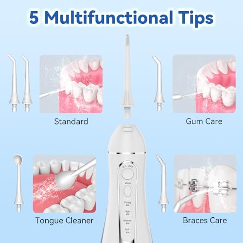 Cordless Portable Water Flosser with 300ML Tank: Rechargeable Oral Irrigator with 5 Tips for Travel, Braces Care and Sensitive Gums, IPX7 Waterproof Teeth Cleaning Device(White) - Image 4