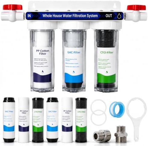 Whole House Water Filter System, 3-Stage Home Water Filtration System, 2 Extra Filter Sets, 0.5 Micron PP GAC CTO Filters, 15 GPM, 3/4" NPT Brass Ports with 2 Valves for City & Well Water by Virego