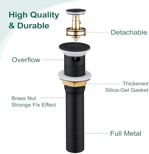 CREA Black Bathroom Drain Stopper, Pop Up Sink Drain with Overflow, Vessel Sink Drain Plug with Anti-Clogging Strainer, All Metal Stainless Steel - Image 2