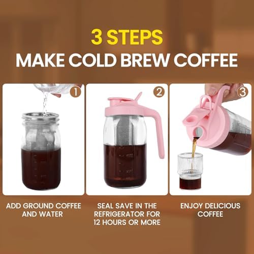 Cold Brew Coffee Maker, 32 oz Mason Jar Pitcher with Stainless Steel Filter, Pour Spout Handle Lid, Heavy Duty Glass Airtight & Leak-Proof for Iced Coffee,Tea & Lemonade - Image 4