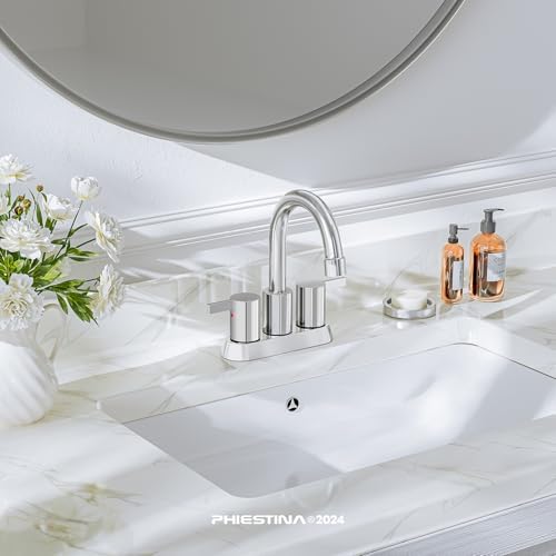 Phiestina 4 Inch Centerset 2 or 3 Holes 2 Handle Chrome Lead-Free Bathroom Faucet, Swivel Spout with Copper Pop Up Drain and 2 Water Supply Lines, BF015-1-C - Image 2