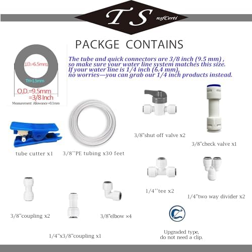 NSF 3/8'' Inch Water Line Tubing and Push to Connect Fittings for Reverse Osmosis Water Filter RO fittings, 15 pcs Connectors + 30 feet 3/8" O.D. (9.5mm) Tubing. - Image 2