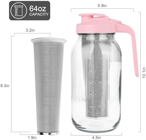 Cold Brew Coffee Maker, 64 oz Mason Jar Pitcher with Stainless Steel Filter, Pour Spout Handle Lid, Heavy Duty Glass Airtight & Leak-Proof for Iced Coffee,Tea & Lemonade - Image 2