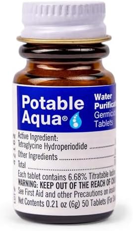 Potable Aqua Water Purification Treatment - Portable Drinking Water Treatment for Camping, Emergency Preparedness, Hurricanes, Storms, Survival, and Travel (50 Tablets), Black, single pack by Potable+Aqua