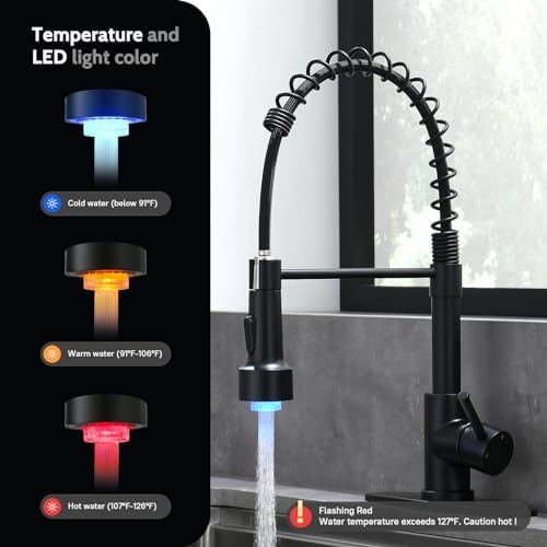 WEWE LED Kitchen Faucet, 2-Mode Sprayer, Matte Black, Pull-Down, High Arc - Image 2
