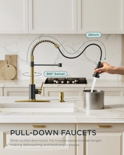 FORIOUS Kitchen Faucets, Pull Down Sprayer, Classic High Arc, Black Gold - Image 2