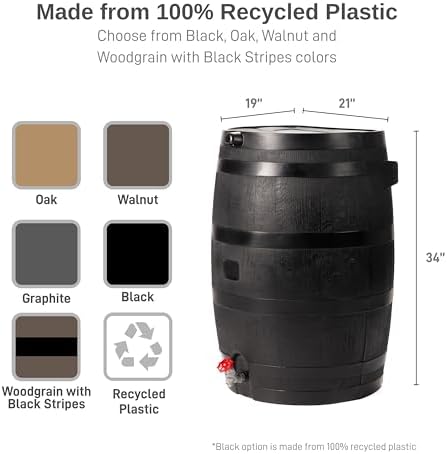 RTS Home Accents 50-Gallon ECO Rain Barrel Made with 100% Recycled Plastic, Flat Back Rain Water Collection Barrel, Soaker Hose Included, Black - Image 3