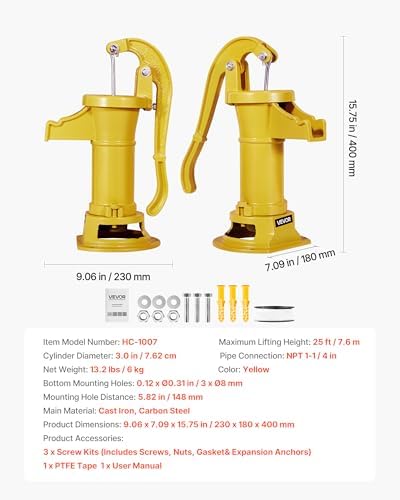 VEVOR Well Hand Pitcher Pump, 25 ft Maximum Lift, Antique Cast Iron Manual Hand Water Pump, NPT 1-1/4 in Connection, Easy Installation, Old Fashioned for Outdoor Garden, Pond, Backyard, Farm, Yellow - Image 7