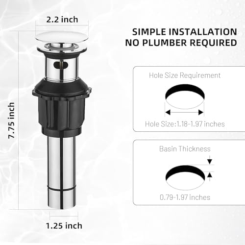 Pop Up Sink Drain Assembly with Overflow, Polished Chrome - Image 5
