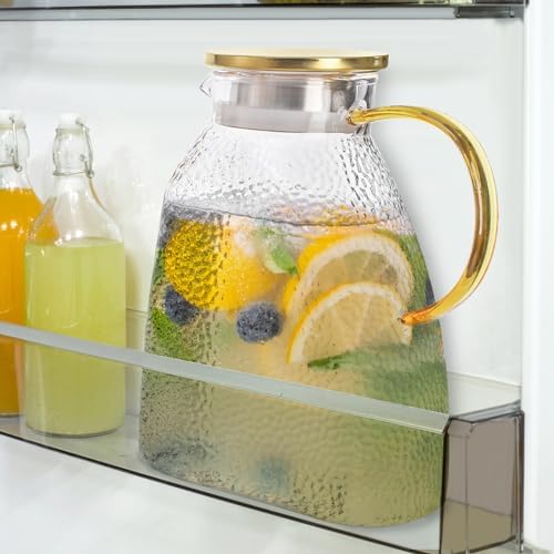 Hedume Fridge Door Water Pitcher, 1.8 Liter/60oz Gold Lid, High Borosilicate Glass Leakproof Ice Tea Pitcher for Hot or Cold Beverage by Hedume