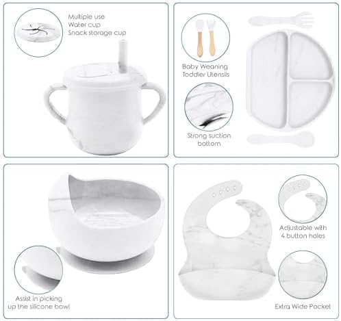 9pc BPA Free Silicone Baby Feeding Set - White: Suction Bowl, Divided Plate, Sippy Cup, Bib, Spoons, Forks - Baby Eating Utensils - Image 3