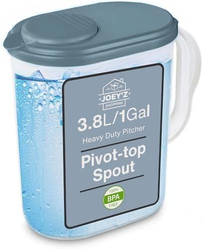1 Gallon Water Pitcher with Lid & Pivot Spout -Slim Design Fits Fridge Door by JOEYZ