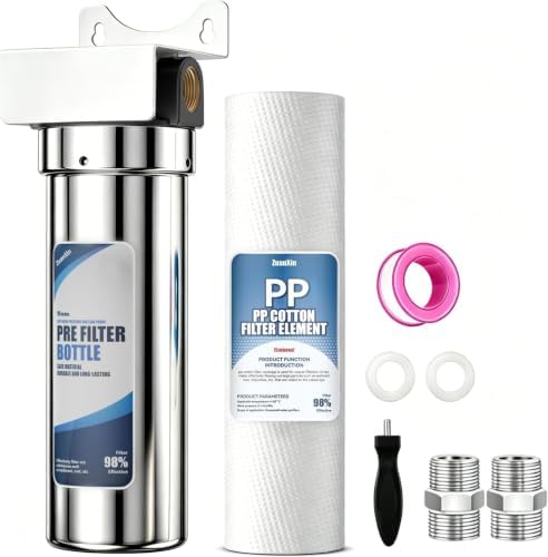 Whole House Water Filter Housing, 304 Stainless Steel, Fits Standard 10" x 2.5" Sediment Filters, 3/4" Brass Port Pre-Filter System for Well & City Water, Includes Wrench and 1 PP Sediment Filter by ZuanXin