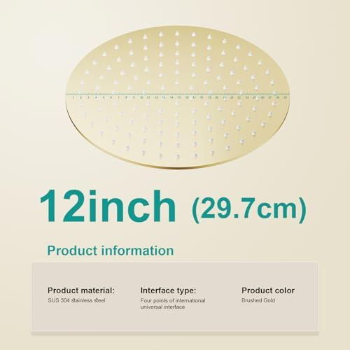 All Metal 12Inch Rain Shower Head - Heavy Duty Stainless Steel, Easy Install, High Water Flow, Ultra-Thin Modern Design for Bathroom (Brushed Gold) - Image 2