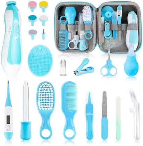 Baby Healthcare and Grooming Kit, 21pcs Baby Electric Nail Trimmer Set Newborn Nursery Health Care Set for Newborn Infant Toddlers Baby Boys Girls Kids Haircut Tools (21 Kits Blue) by Esonto