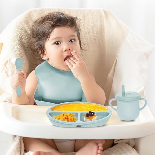 100% Silicone Baby Feeding Set,BPA Free Baby Dishes Set with Suction Bowl Divided Plate,Toddler Self Feeding Dish Set with Spoons Forks Sippy Cup and Bib, Baby Eating Utensils(Light Blue) - Image 6