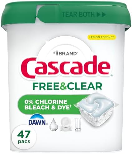 Cascade Free and Clear Dishwasher Pods, Dishwasher Detergent, Grease Fighting Power of Dawn Dish Soap, Lemon Essence, 47 Count by Cascade
