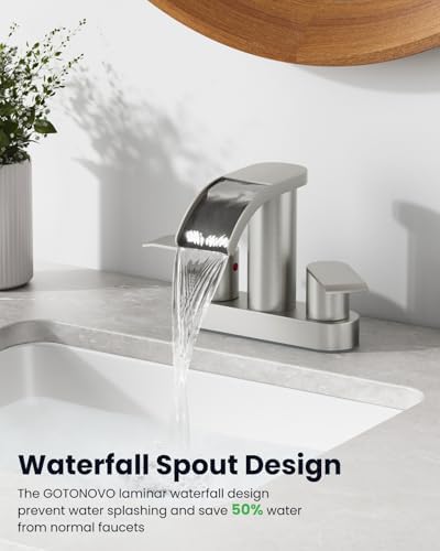 gotonovo 4’’ Centerset Bathroom Sink Faucet Waterfall Brushed Nickel - Image 3
