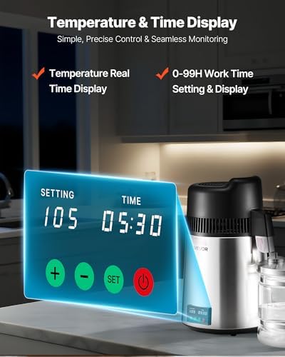 VEVOR Water Distiller, 6L/1.6 Gallon Larger Water Distilled Machine, 900W Distilling Water Maker with Glass Carafe, 0-99H Timing Set, Time & Temp Display, 304 Stainless Steel Water Stiller, Silver - Image 4