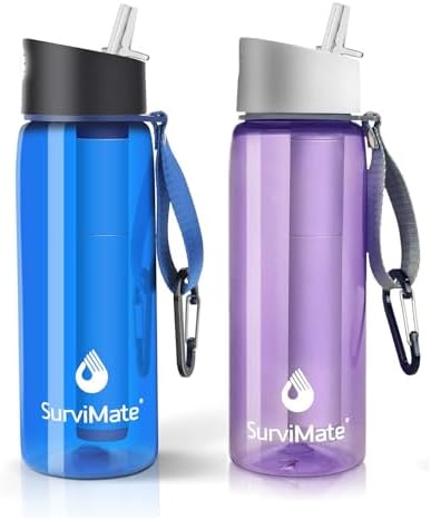 SurviMate Purified Water Bottle for Camping, Hiking, Backpacking and Travel, BPA Free with 5-Stage Intergrated Filter Straw by SurviMate