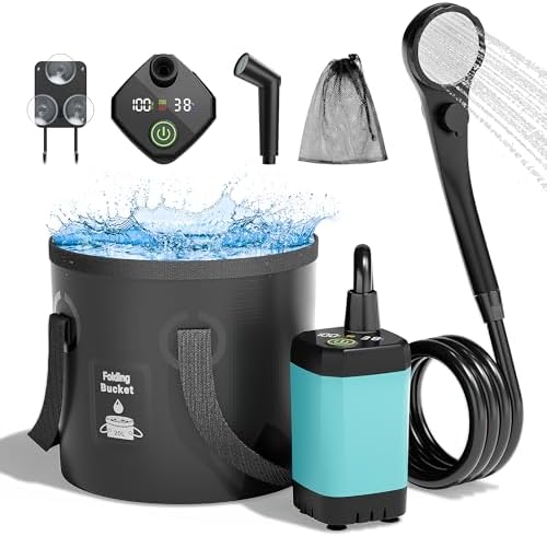 Moriko Portable Camping Shower, 6000mAh Rechargeable Shower Pump, Filtered Shower Head & 5 Gallons Foldable Bucket, Outdoor Shower for Hiking Beach, Travel, Pet Bath, Car Washing, Surf & Boat Cleaning by MorikoOfficial