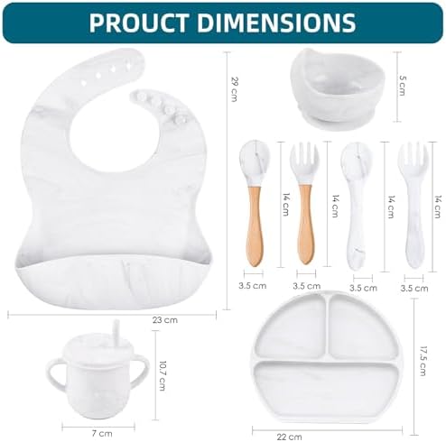 9pc BPA Free Silicone Baby Feeding Set - White: Suction Bowl, Divided Plate, Sippy Cup, Bib, Spoons, Forks - Baby Eating Utensils - Image 2