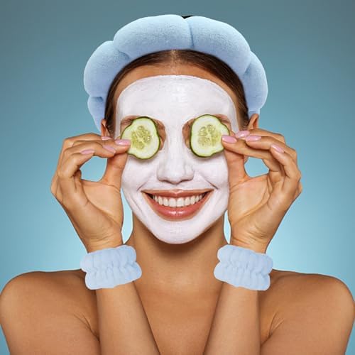 Blue Skincare Bubble headband and wristband set for Face Washing - Image 3