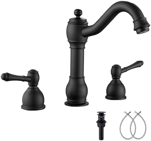 2 Handles 3 Holes Faucet Widespread Bathroom Sink Faucet Basin Tap Mixer Supply Hose Included Matching Pop Up Drain Matte Black by GGStudy