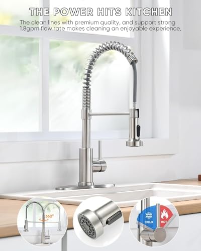 Pull Down Kitchen Faucet with Spring Sprayer, Brushed Nickel — SUS304 Lead-Free Stainless Steel, Single Handle, Fits 1 or 3-Hole Sink with Deck Plate for Farmhouse, RV, Bar, Laundry Room - Image 2