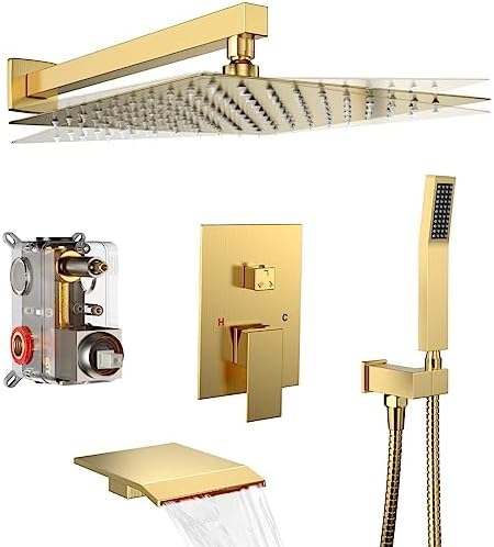 Brushed Gold Shower System Rain Faucet Set with Tub Spout, 10 inch by Dlvsoby