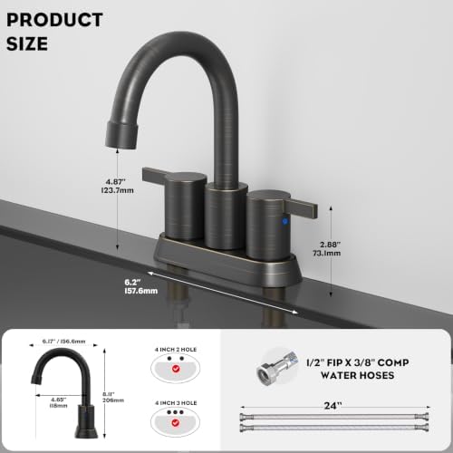 Phiestina 2 or 3 Holes Oil Rubbed Bronze 4 Inch 2 Handle Centerset Lead-Free Bathroom Sink Faucet, 360 Degree Swivel Spout with Copper Pop Up Drain and 2 Water Supply Lines, BF015-1-ORB - Image 6
