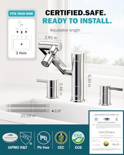 Frizzlife MF1080-X 8-Inch Widespread Bathroom Sink Faucet with Built-In Carbon Block Water Filter, NSF/ANSI 372 Certified, 3-Hole Kitchen Sink Faucet, 1080° Rotating, Stream/Spray, 304 Stainless Steel - Image 3