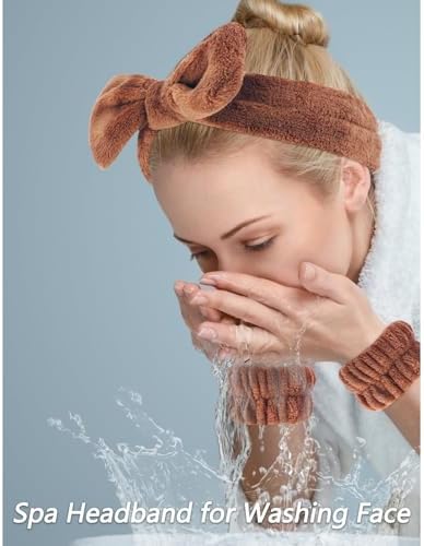 VELSCRUN Spa Headband, Makeup Face Wash Skincare Headbands, 6 Pcs Coffee Color Sponge Bow Tie Get Ready HairBand Facial Wristband Set, Stuff for Teen Girls Women Trendy Fashion Hair Accessories - Image 2