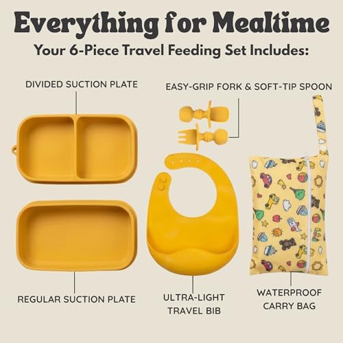 Baby Travel Feeding Set with Silicone Suction Plates, Yellow Small - Image 3