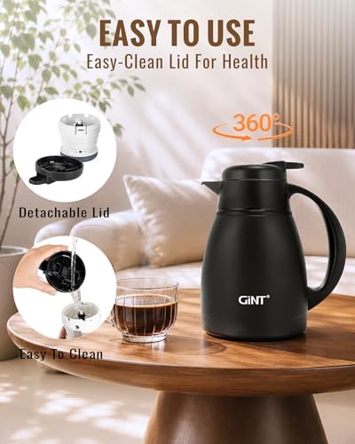 GiNT Insulated Coffee Carafe 34 Oz, Small Stainless Steel Flask for Hot Coffee with Fully Washable Detachable Lid, Portable Thermal Pitcher One-Hand Push Button Tea Dispenser for Travel Camping Office - Image 4